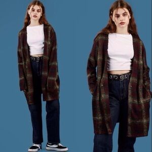 UNIF Nevermind Duster Oversized Tartan Plaid Cardigan Jacket Burgundy Small